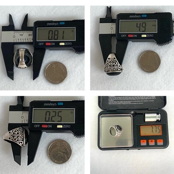 Sterling Silver 925 Chunky Oval Black Onyx Cab Pierced Scrollwork Ring Sz 6.5 - Picture 10 of 16